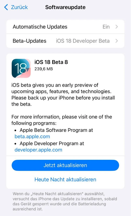 瑞溪镇苹果手机维修分享苹果 iOS / iPadOS 18 开发者预览版 Beta 8 发布 